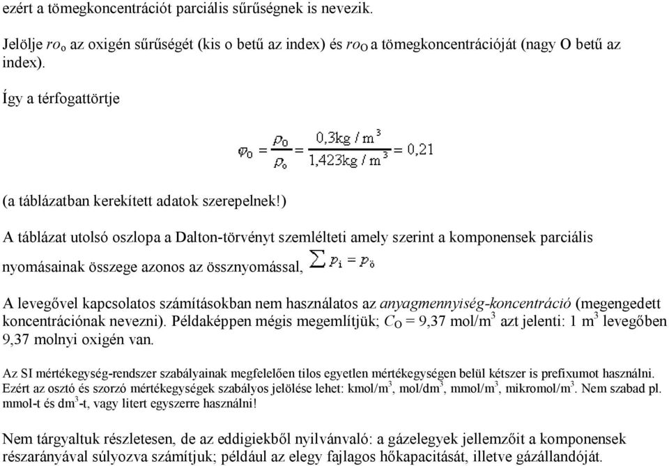 ) A táblázat utolsó oszlopa a Dalton-törvényt szemlélteti amely szerint a komponensek parciális nyomásainak összege azonos az össznyomással, A levegővel kapcsolatos számításokban nem használatos az
