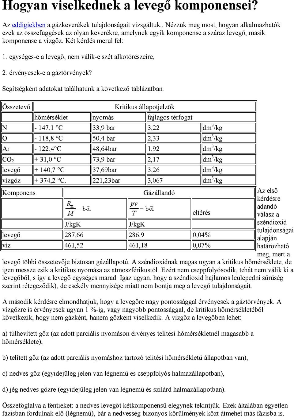 egységes-e a levegő, nem válik-e szét alkotórészeire, 2. érvényesek-e a gáztörvények? Segítségként adatokat találhatunk a következő táblázatban.