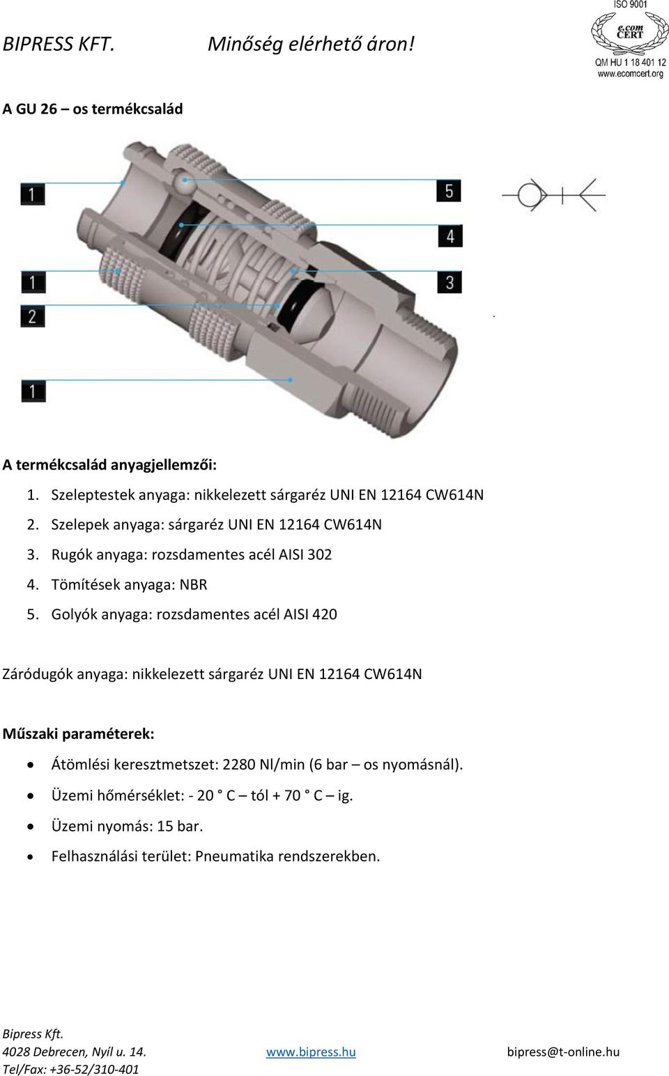 Golyók anyaga: rozsdamentes acél AISI 420 Záródugók anyaga: nikkelezett sárgaréz UNI EN 12164 CW614N Átömlési keresztmetszet: