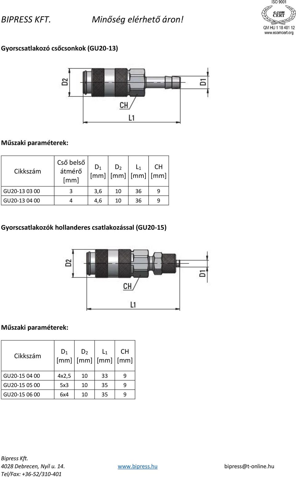 Gyorscsatlakozók hollanderes csatlakozással (GU20-15)