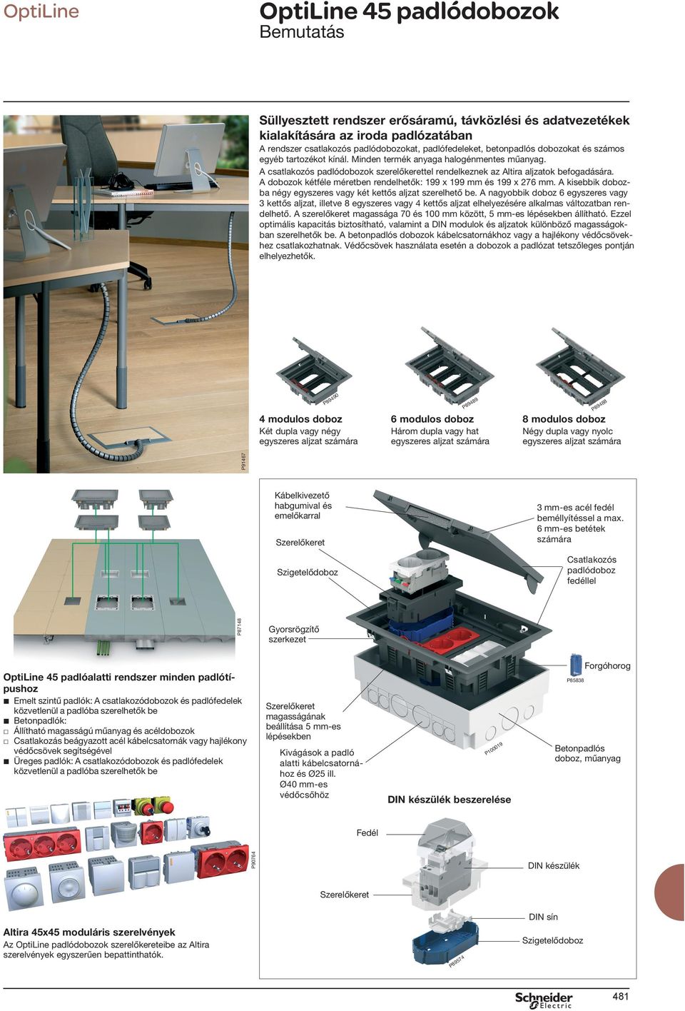 A dobozok kétféle méretben rendelhetők: 99 x 99 mm és 99 x 276 mm. A kisebbik dobozba négy egyszeres vagy két kettős aljzat szerelhető be.