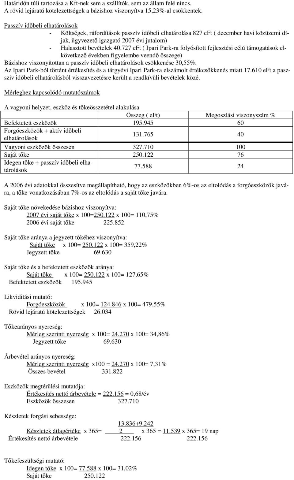 727 eft ( Ipari Park-ra folyósított fejlesztési célú támogatások elkövetkező években figyelembe veendő összege) Bázishoz viszonyítottan a passzív időbeli elhatárolások csökkenése 30,55%.