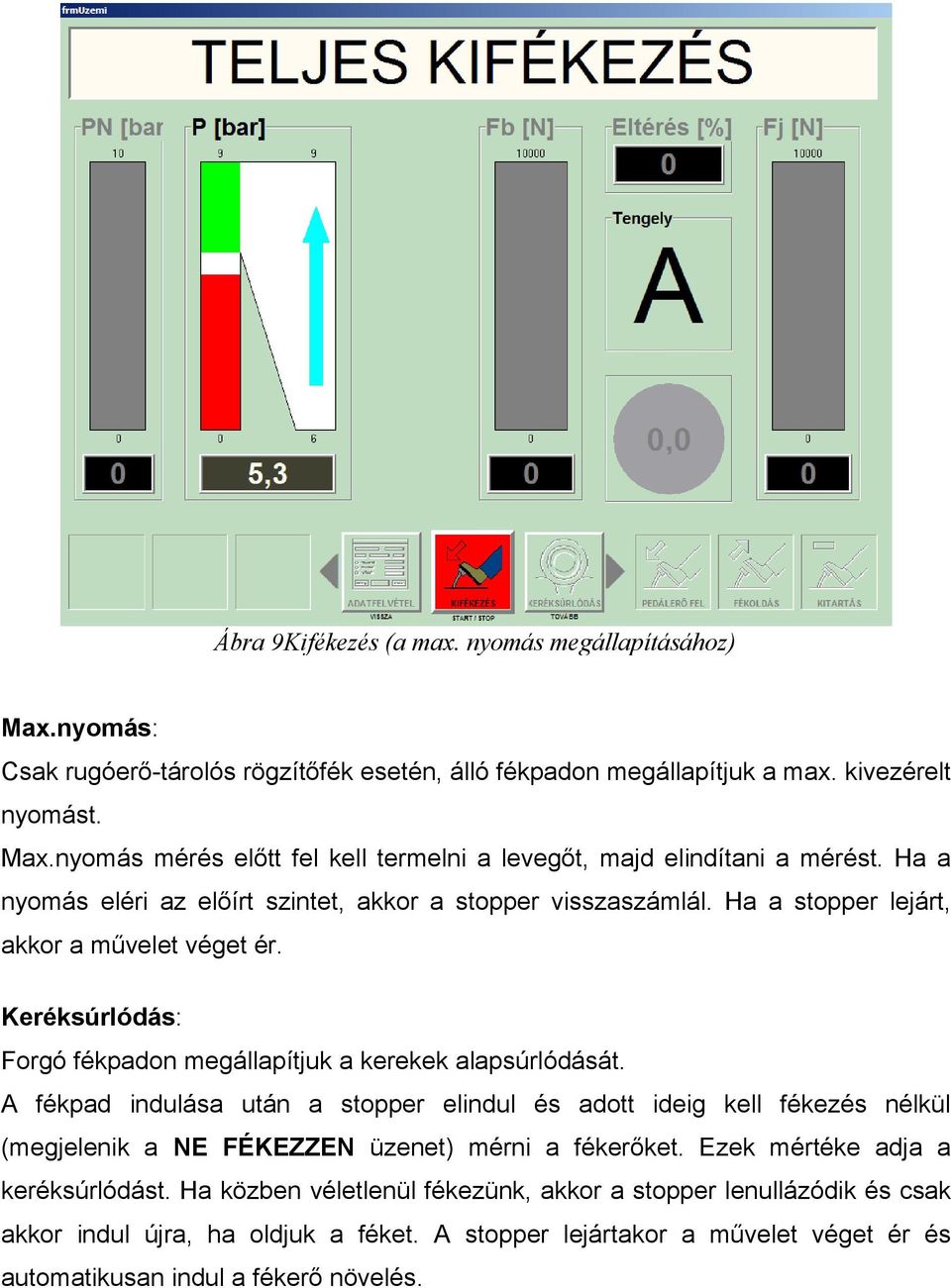 A fékpad indulása után a stopper elindul és adott ideig kell fékezés nélkül (megjelenik a NE FÉKEZZEN üzenet) mérni a fékerőket. Ezek mértéke adja a keréksúrlódást.