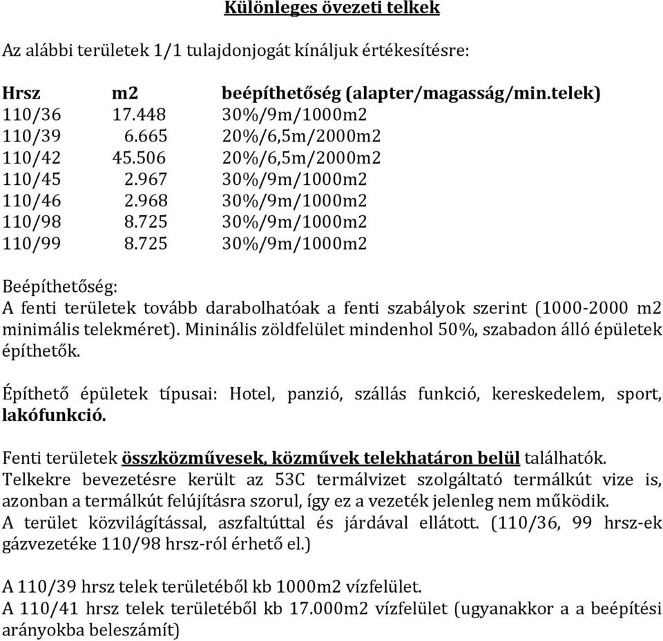 725 30%/9m/1000m2 Beépíthetőség: A fenti területek tovább darabolhatóak a fenti szabályok szerint (1000-2000 m2 minimális telekméret).