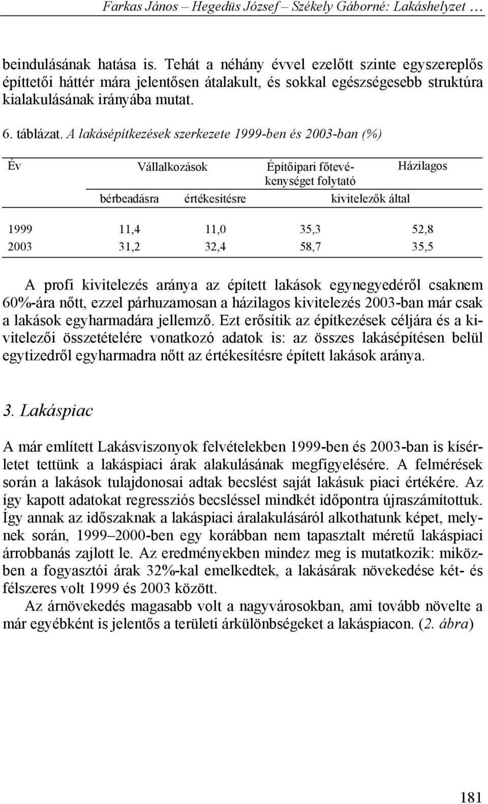 32,4 58,7 35,5 A profi kivitelezés aránya az épített lakások egynegyedéről csaknem 60%-ára nőtt, ezzel párhuzamosan a házilagos kivitelezés 2003-ban már csak a lakások egyharmadára jellemző.