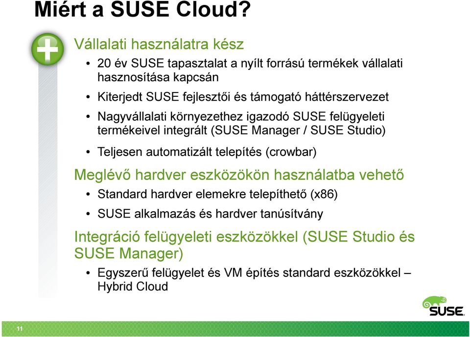 háttérszervezet Nagyvállalati környezethez igazodó SUSE felügyeleti termékeivel integrált (SUSE Manager / SUSE Studio) Teljesen automatizált