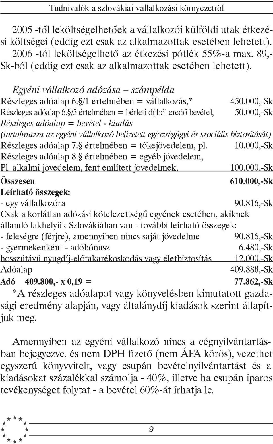 /3 értelmében = bérleti díjból eredõ bevétel, 50.000,-Sk Részleges adóalap = bevétel - kiadás (tartalmazza az egyéni vállalkozó befizetett egészségügyi és szociális biztosítását) Részleges adóalap 7.