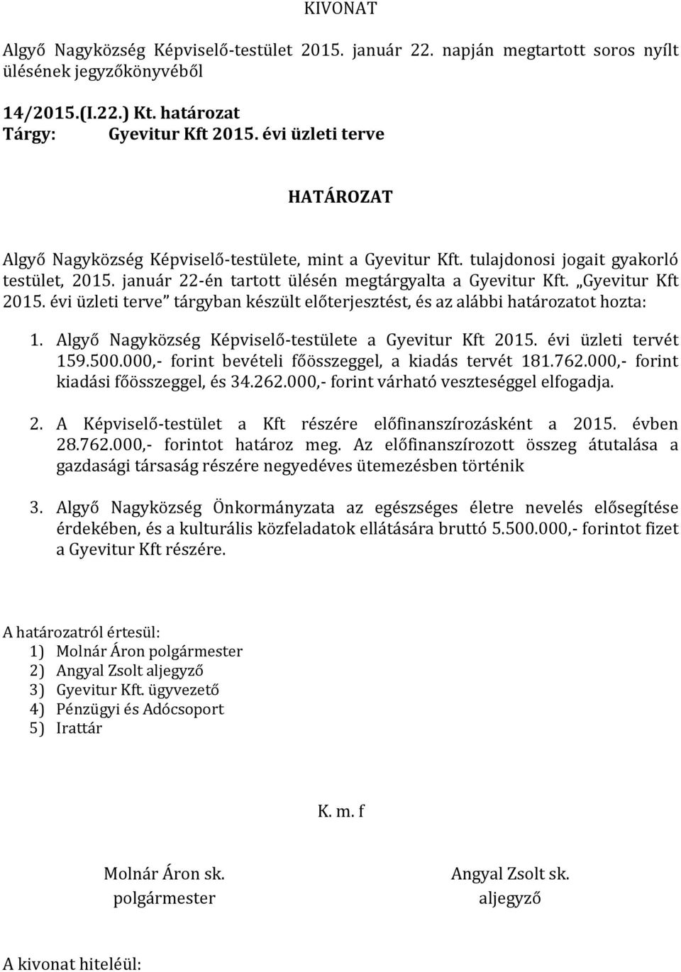Algyő Nagyközség Képviselő-testülete a Gyevitur Kft 2015. évi üzleti tervét 159.500.000,- forint bevételi főösszeggel, a kiadás tervét 181.762.000,- forint kiadási főösszeggel, és 34.262.