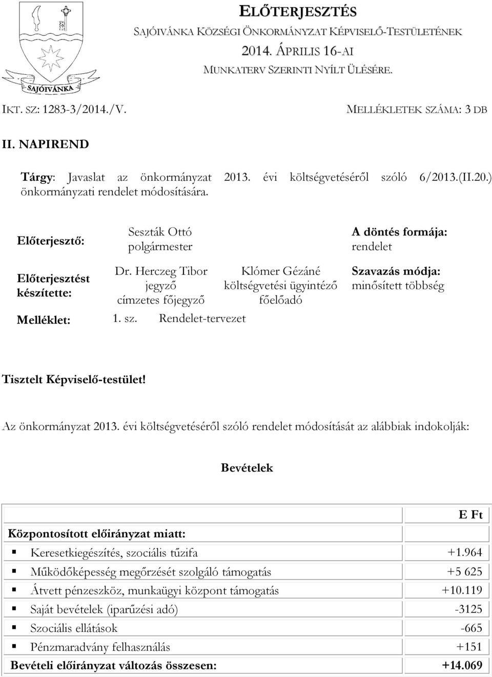 Előterjesztő: Seszták Ottó A döntés formája: rendelet Előterjesztést készítette: Dr.