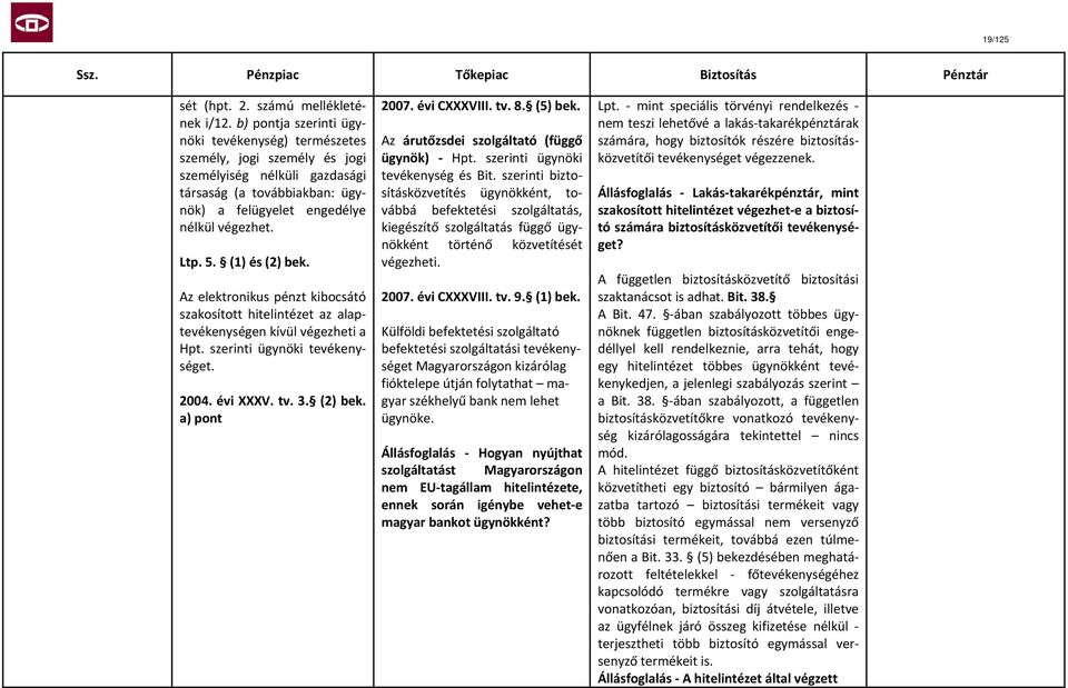 (1) és (2) bek. Az elektronikus pénzt kibocsátó szakosított hitelintézet az alaptevékenységen kívül végezheti a Hpt. szerinti ügynöki tevékenységet. 2004. évi XXXV. tv. 3. (2) bek. a) pont 2007.