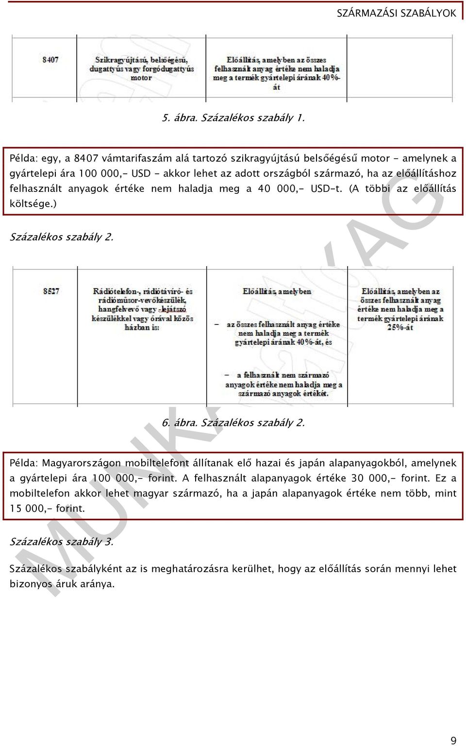 anyagok értéke nem haladja meg a 40 000,- USD-t. (A többi az előállítás költsége.) Százalékos szabály 2.