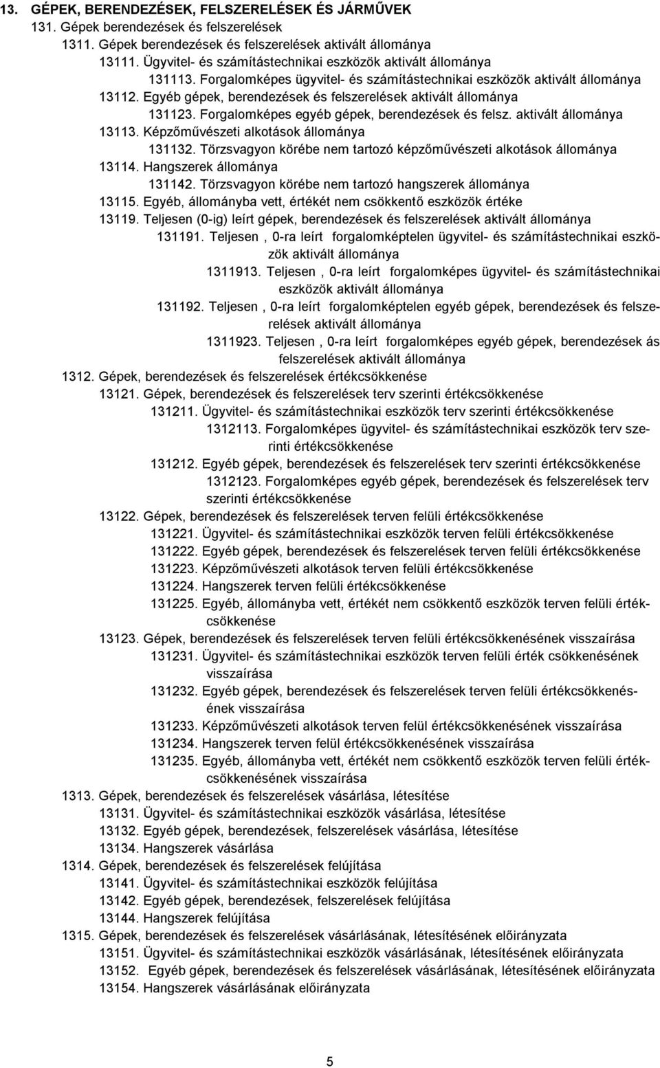 Egyéb gépek, berendezések és felszerelések aktivált állománya 131123. Forgalomképes egyéb gépek, berendezések és felsz. aktivált állománya 13113. Képzőművészeti alkotások állománya 131132.