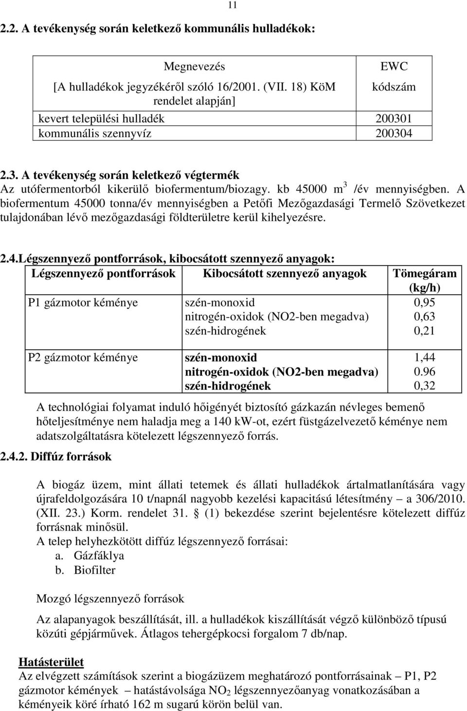 kb 45000 m 3 /év mennyiségben. A biofermentum 45000 tonna/év mennyiségben a Petőfi Mezőgazdasági Termelő Szövetkezet tulajdonában lévő mezőgazdasági földterületre kerül kihelyezésre. 2.4.Légszennyező