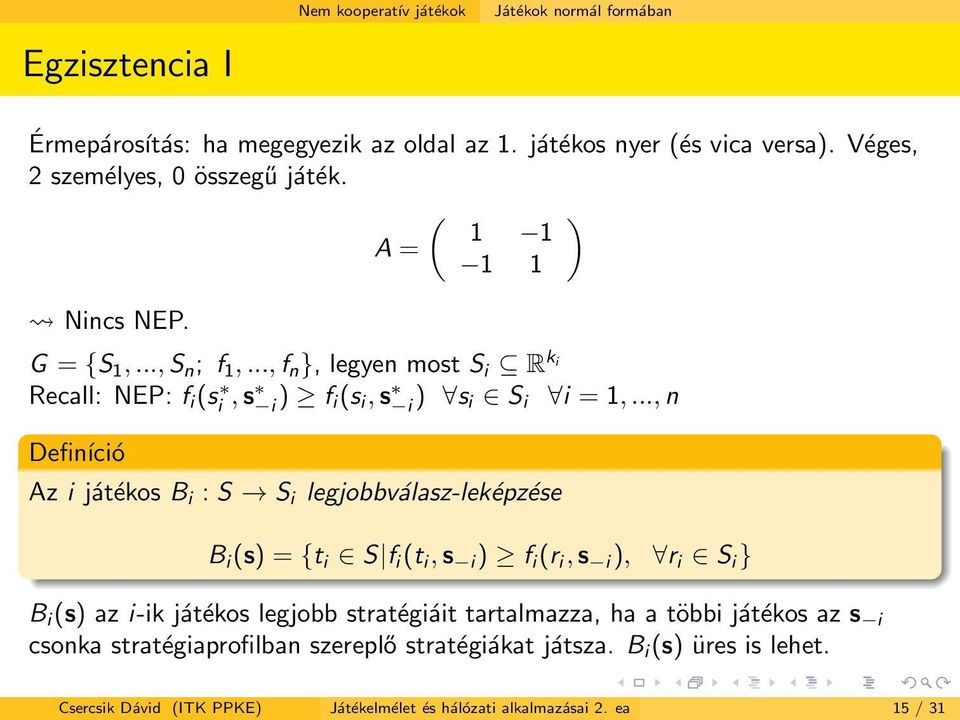 .., n Definíció Az i játékos B i : S S i legjobbválasz-leképzése B i (s) = {t i S f i (t i, s i ) f i (r i, s i ), r i S i } B i (s) az i-ik játékos legjobb