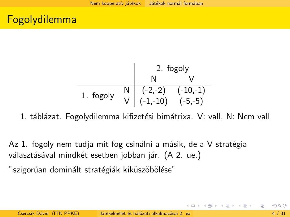 fogoly nem tudja mit fog csinálni a másik, de a V stratégia választásával mindkét esetben jobban