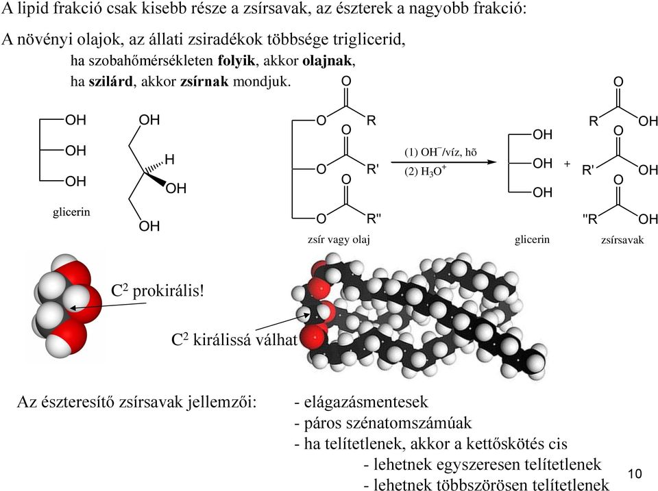 R R' (1) H /víz, hõ (2) H 3 + H H H + R R' H H R" "R H zsír vagy olaj glicerin zsírsavak C 2 prokirális!