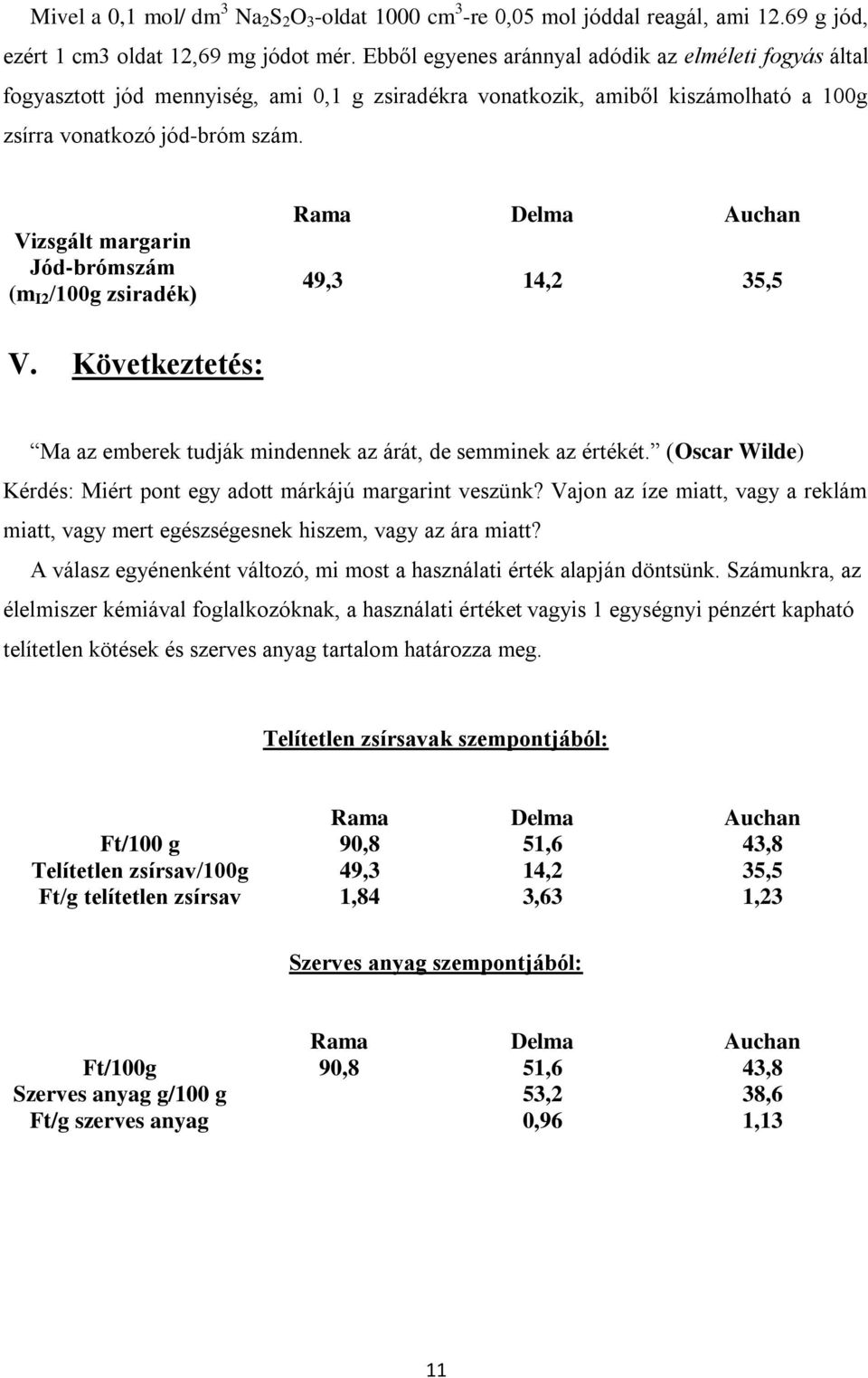 Vizsgált margarin Jód-brómszám (m I2 /100g zsiradék) Rama Delma Auchan 49,3 14,2 35,5 V. Következtetés: Ma az emberek tudják mindennek az árát, de semminek az értékét.