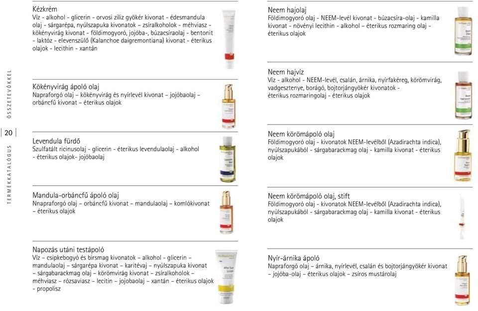 kivonat - növényi lecithin - alkohol éterikus rozmaring olaj - éterikus olajok t e r m é k k a t a l ó g u s ö s s z e t e v ô k k e l 20 Kökényvirág ápoló olaj Napraforgó olaj kökényvirág és