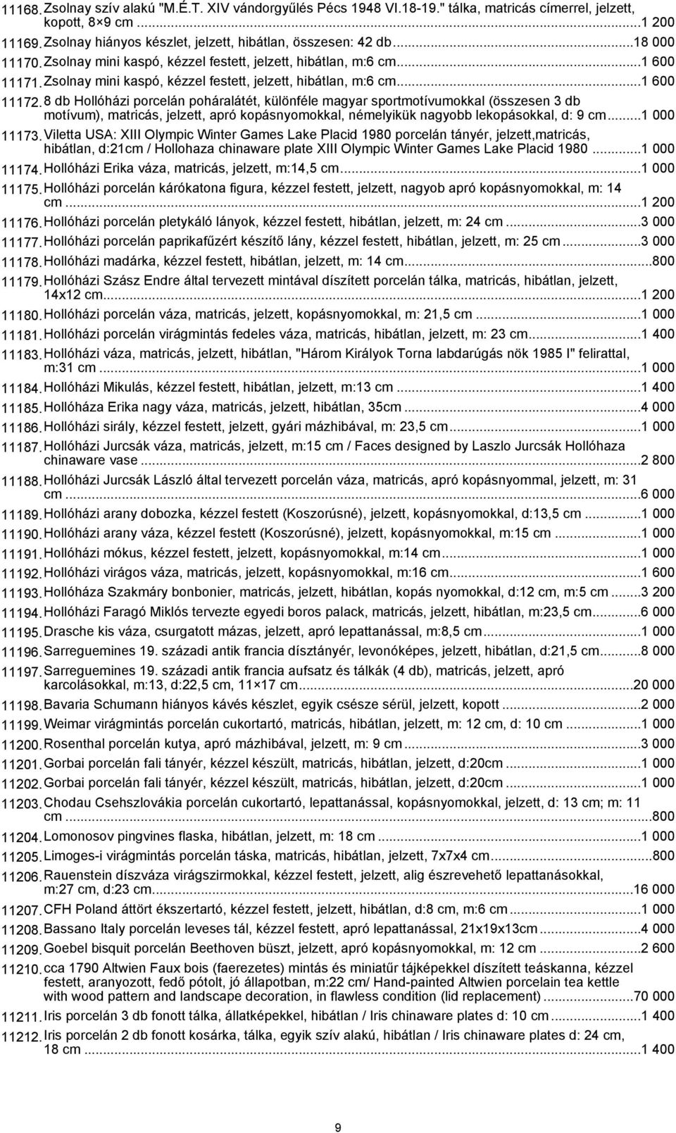 8 db Hollóházi porcelán poháralátét, különféle magyar sportmotívumokkal (összesen 3 db motívum), matricás, jelzett, apró kopásnyomokkal, némelyikük nagyobb lekopásokkal, d: 9 cm...1 000 11173.