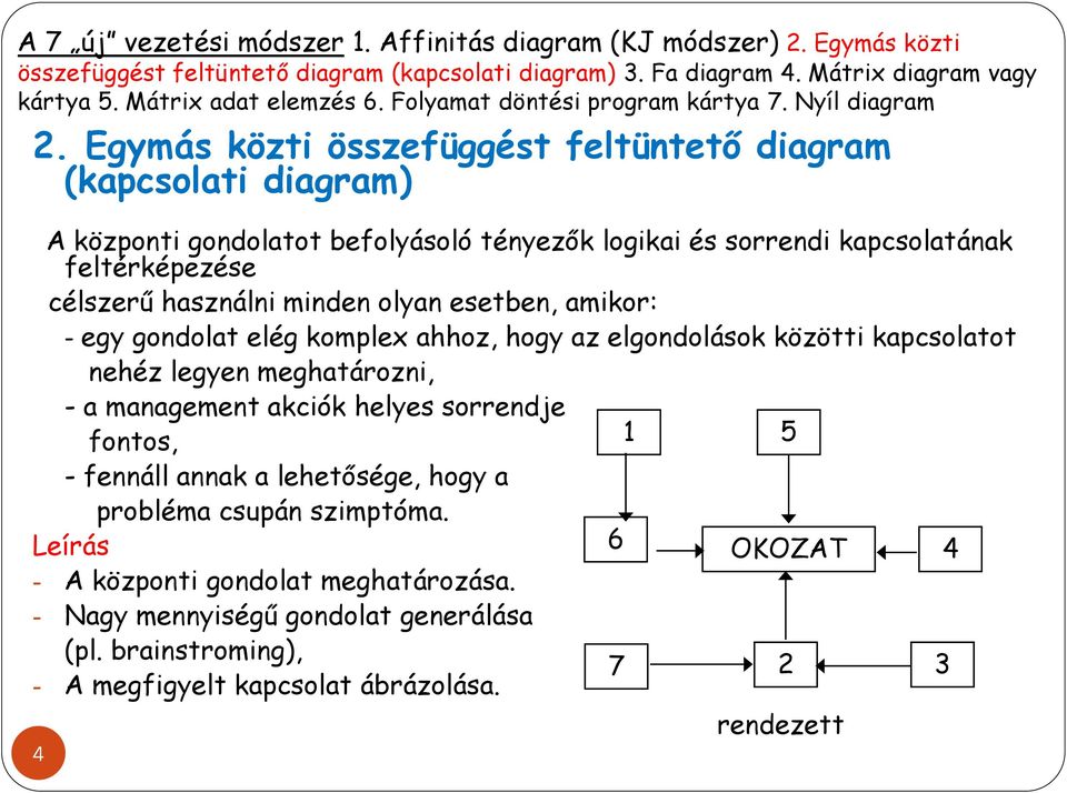Egymás közti összefüggést feltüntető diagram (kapcsolati diagram) A központi gondolatot befolyásoló tényezők logikai és sorrendi kapcsolatának feltérképezése célszerű használni minden olyan esetben,