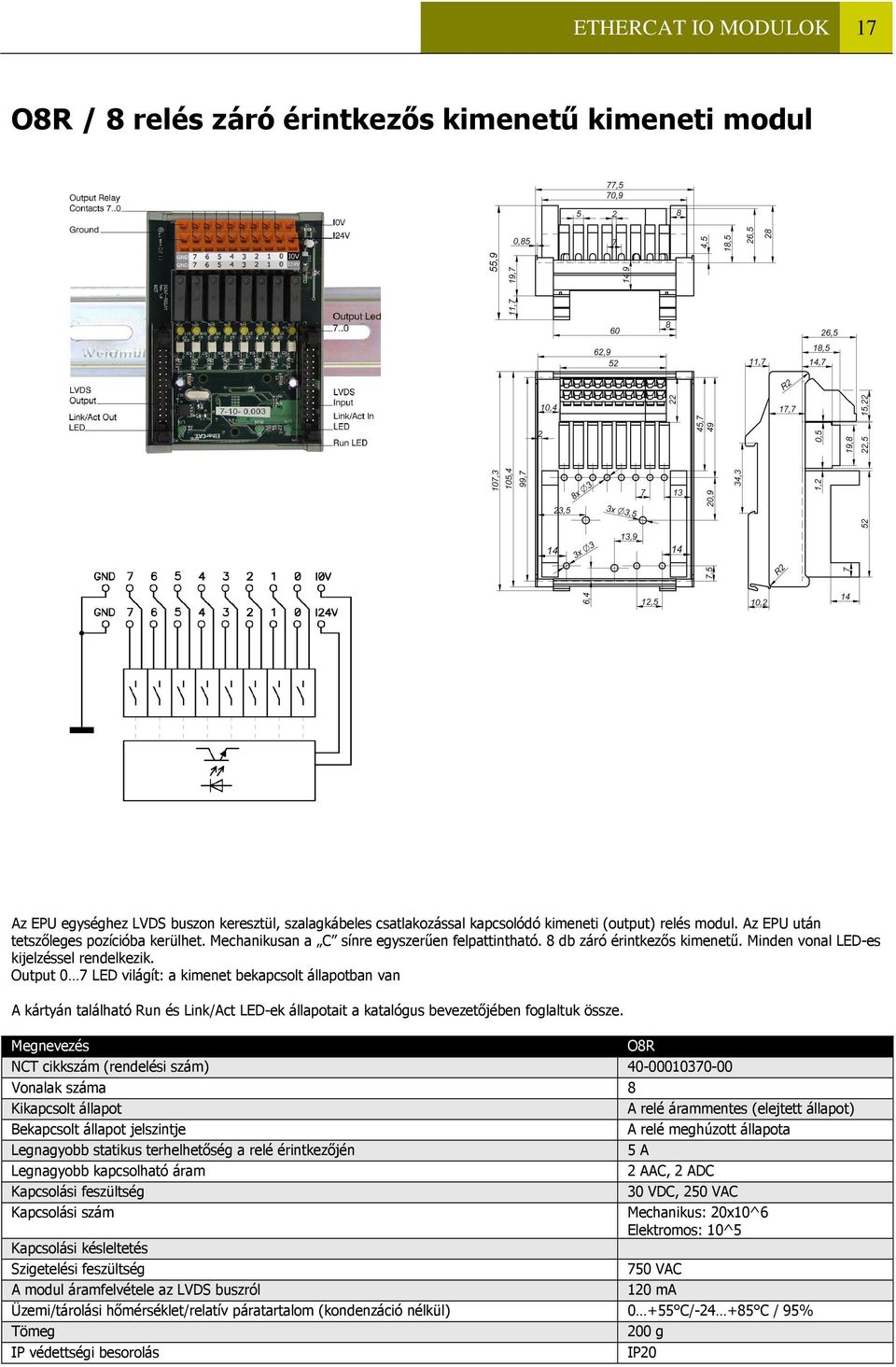 Output 0 7 LED világít: a kimenet bekapcsolt állapotban van A kártyán található Run és Link/Act LED-ek állapotait a katalógus bevezetőjében foglaltuk össze.