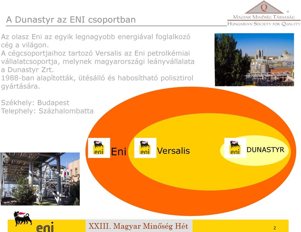 A cégcsoportjaihoz tartozó Versalis az Eni petrolkémiai vállalatcsoportja, melynek