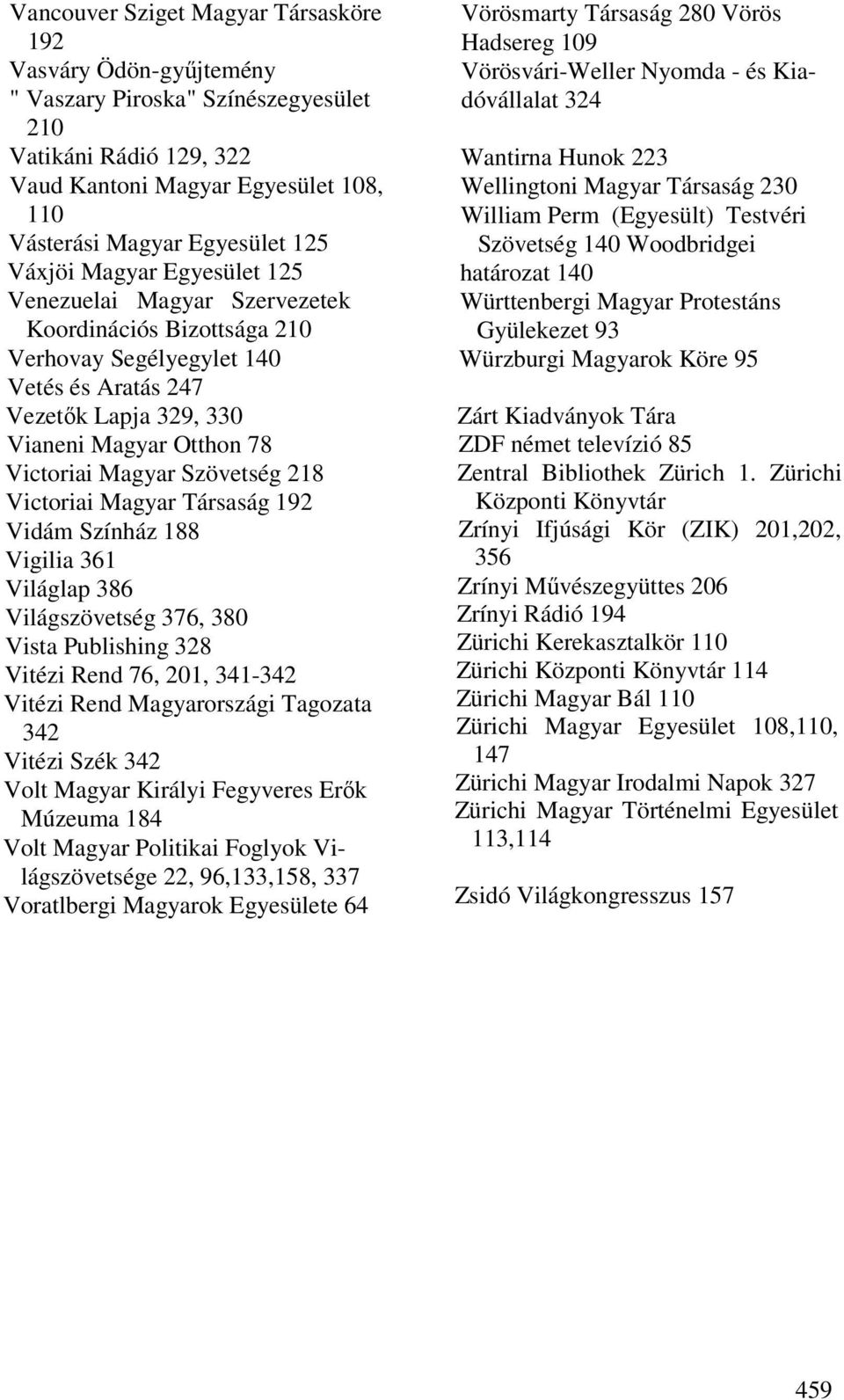 Szövetség 218 Victoriai Magyar Társaság 192 Vidám Színház 188 Vigilia 361 Világlap 386 Világszövetség 376, 380 Vista Publishing 328 Vitézi Rend 76, 201, 341-342 Vitézi Rend Magyarországi Tagozata 342