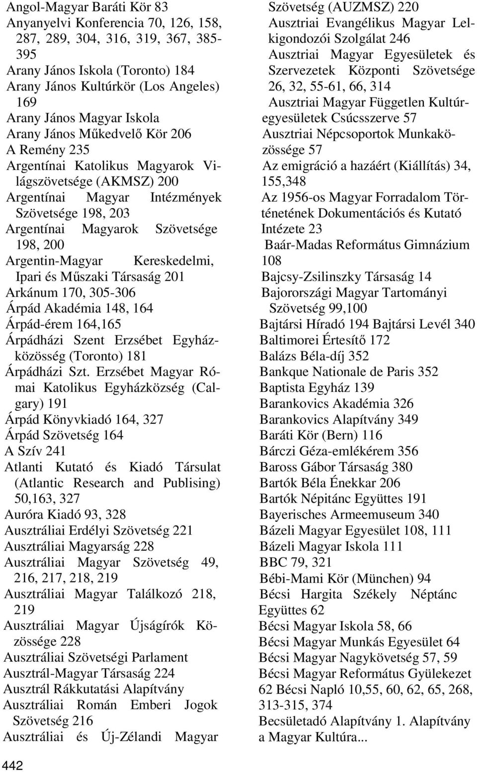 Argentin-Magyar Kereskedelmi, Ipari és Műszaki Társaság 201 Arkánum 170, 305-306 Árpád Akadémia 148, 164 Árpád-érem 164,165 Árpádházi Szent Erzsébet Egyházközösség (Toronto) 181 Árpádházi Szt.