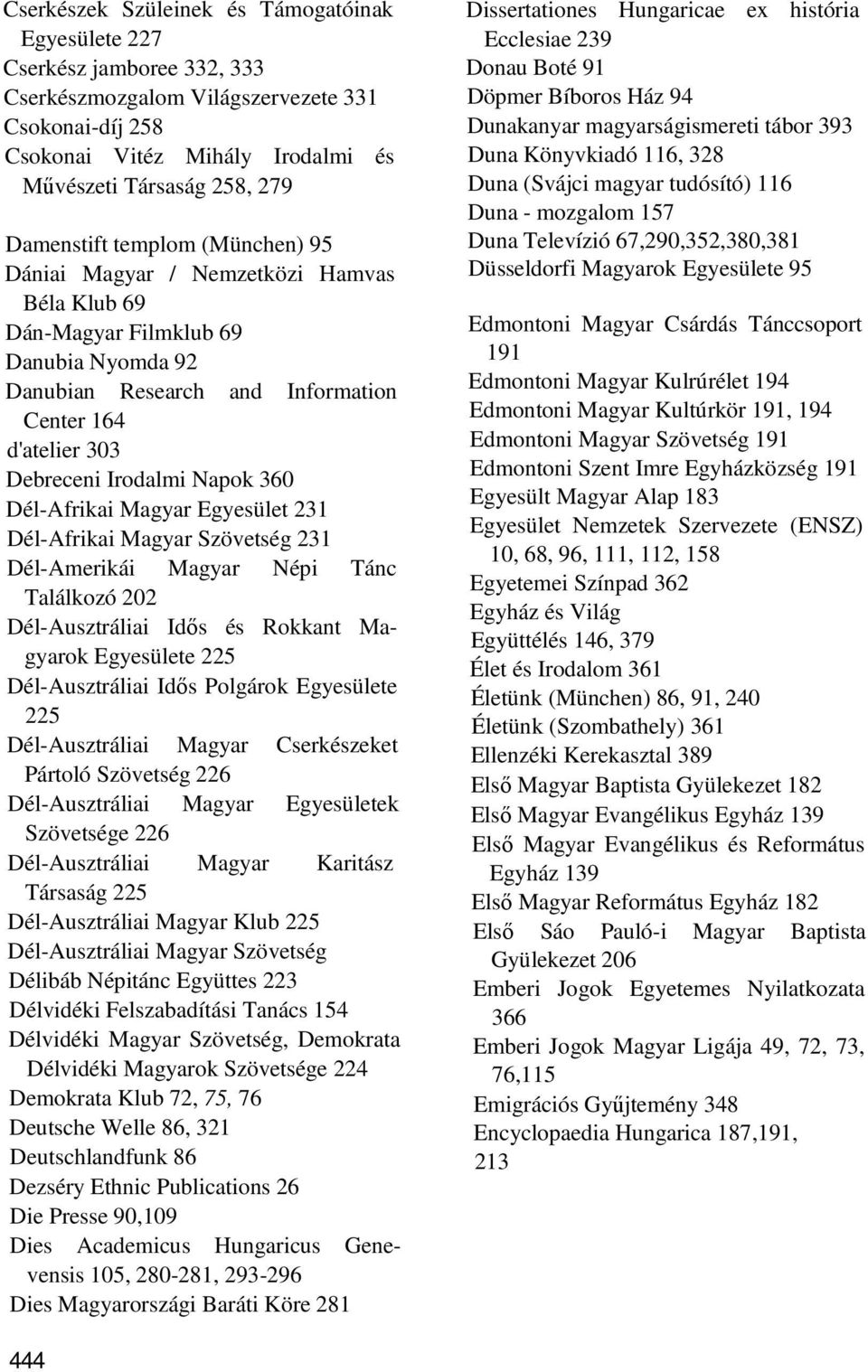 Napok 360 Dél-Afrikai Magyar Egyesület 231 Dél-Afrikai Magyar Szövetség 231 Dél-Amerikái Magyar Népi Tánc Találkozó 202 Dél-Ausztráliai Idős és Rokkant Magyarok Egyesülete 225 Dél-Ausztráliai Idős