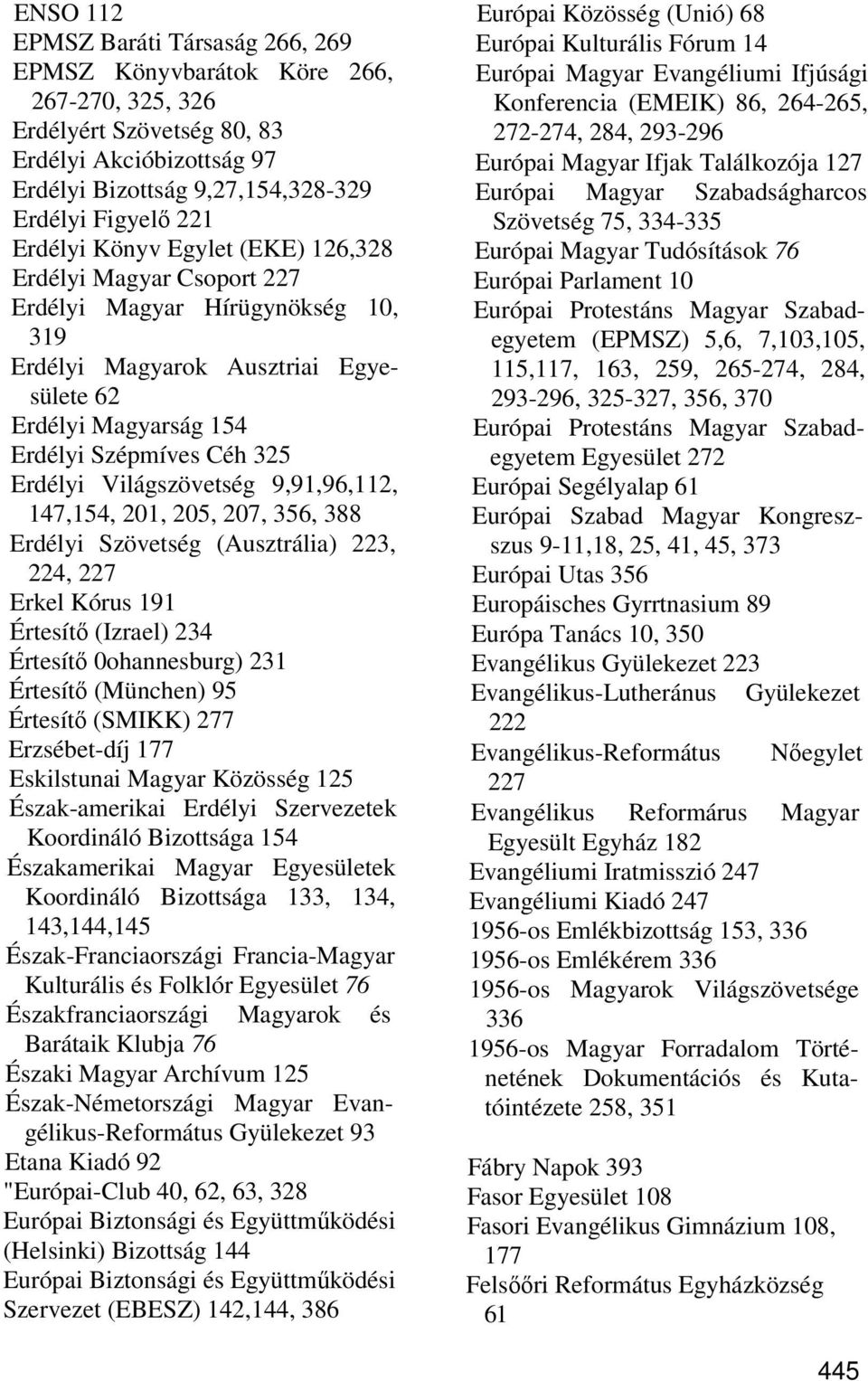 Világszövetség 9,91,96,112, 147,154, 201, 205, 207, 356, 388 Erdélyi Szövetség (Ausztrália) 223, 224, 227 Erkel Kórus 191 Értesítő (Izrael) 234 Értesítő 0ohannesburg) 231 Értesítő (München) 95