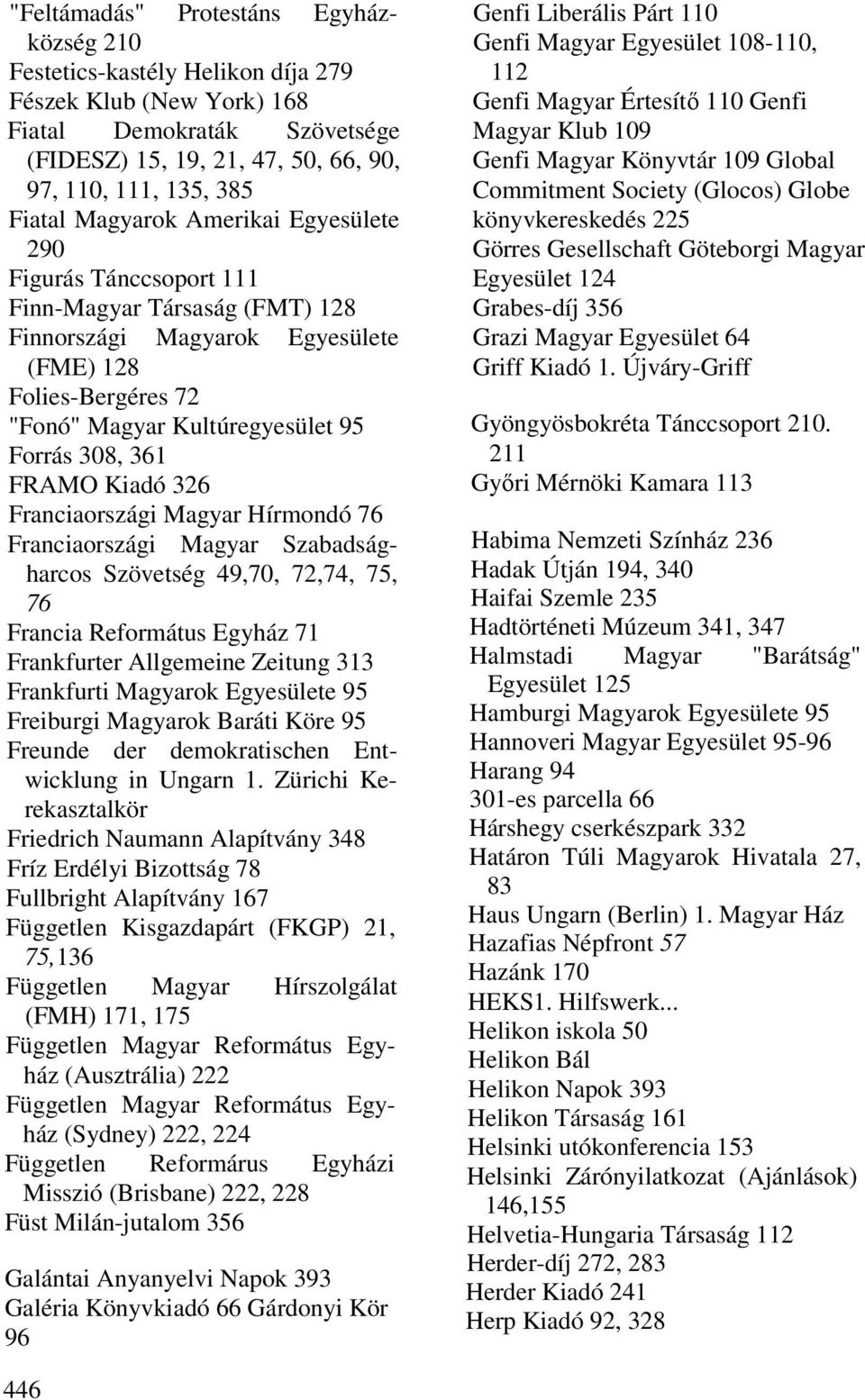 FRAMO Kiadó 326 Franciaországi Magyar Hírmondó 76 Franciaországi Magyar Szabadságharcos Szövetség 49,70, 72,74, 75, 76 Francia Református Egyház 71 Frankfurter Allgemeine Zeitung 313 Frankfurti