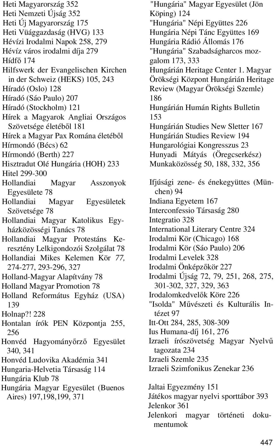 Hírmondó (Bécs) 62 Hírmondó (Berth) 227 Hisztradut Olé Hungária (HOH) 233 Hitel 299-300 Hollandiai Magyar Asszonyok Egyesülete 78 Hollandiai Magyar Egyesületek Szövetsége 78 Hollandiai Magyar