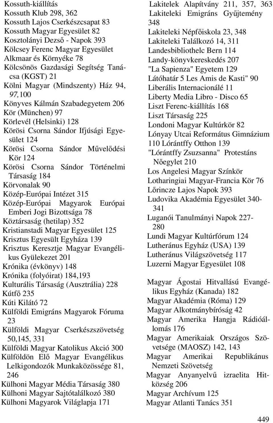 Körösi Csorna Sándor Művelődési Kör 124 Körösi Csorna Sándor Történelmi Társaság 184 Körvonalak 90 Közép-Európai Intézet 315 Közép-Európai Magyarok Európai Emberi Jogi Bizottsága 78 Köztársaság