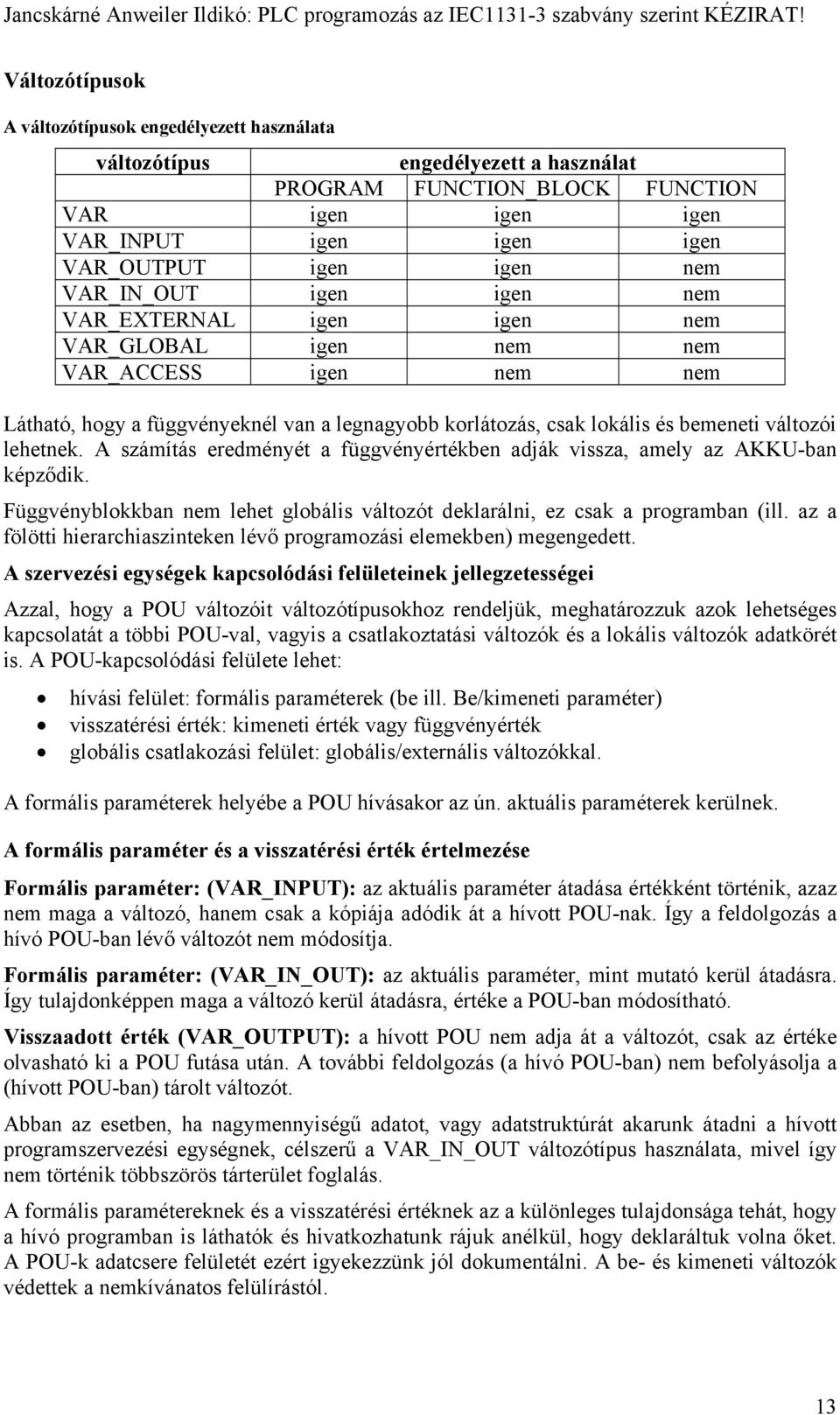 lehetnek. A számítás eredményét a függvényértékben adják vissza, amely az AKKU-ban képződik. Függvényblokkban nem lehet globális változót deklarálni, ez csak a programban (ill.