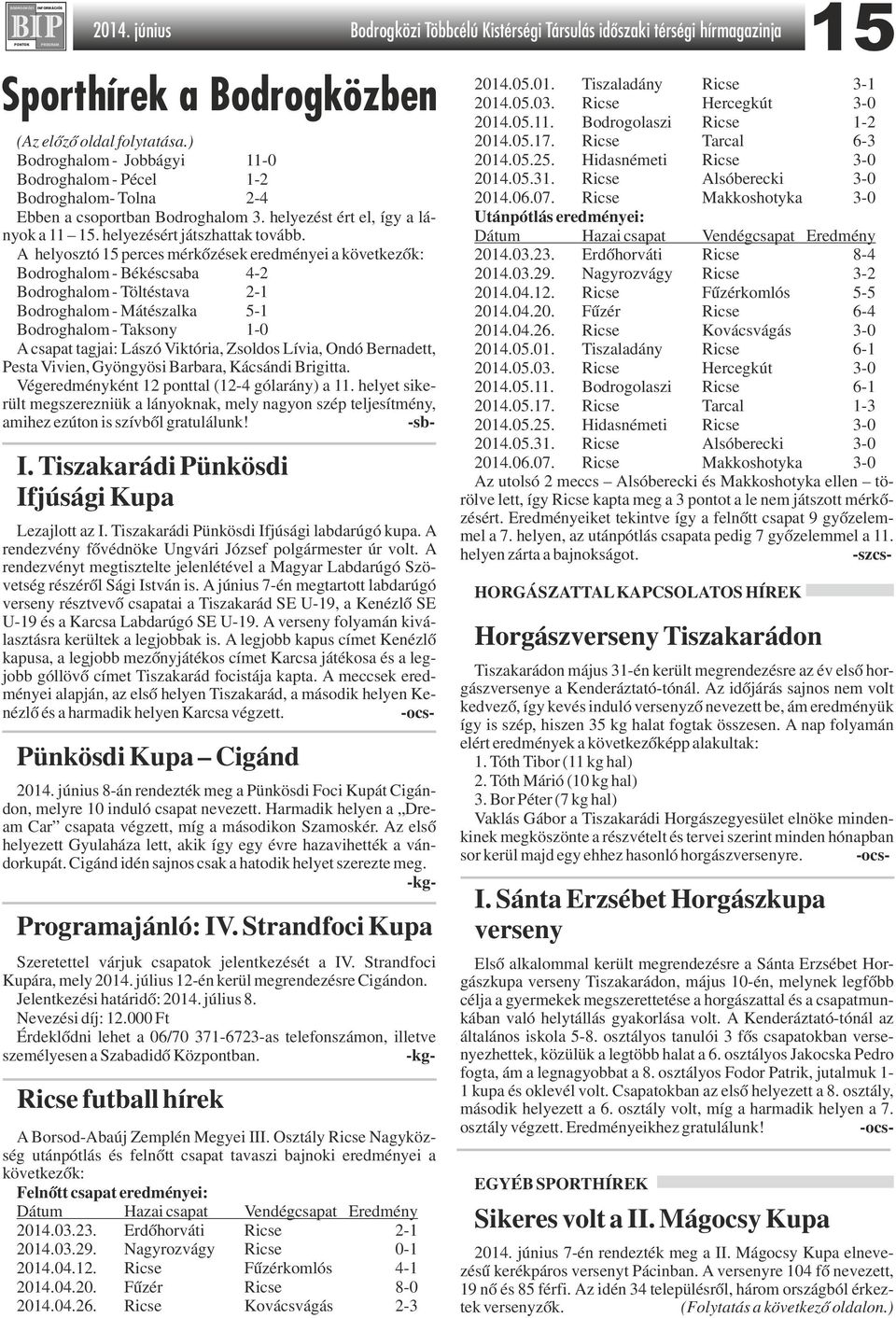 A helyosztó 15 perces mérkőzések eredményei a következők: Bodroghalom - Békéscsaba 4-2 Bodroghalom - Töltéstava 2-1 Bodroghalom - Mátészalka 5-1 Bodroghalom - Taksony 1-0 A csapat tagjai: Lászó