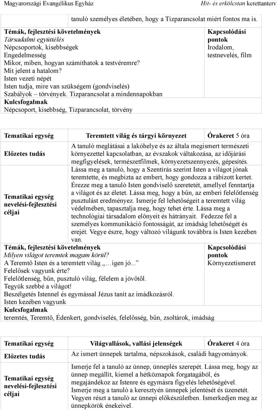 Tízparancsolat a mindennapokban Népcsoport, kisebbség, Tízparancsolat, törvény Irodalom, testnevelés, film Teremtett világ és tárgyi környezet Órakeret 5 óra A tanuló meglátásai a lakóhelye és az