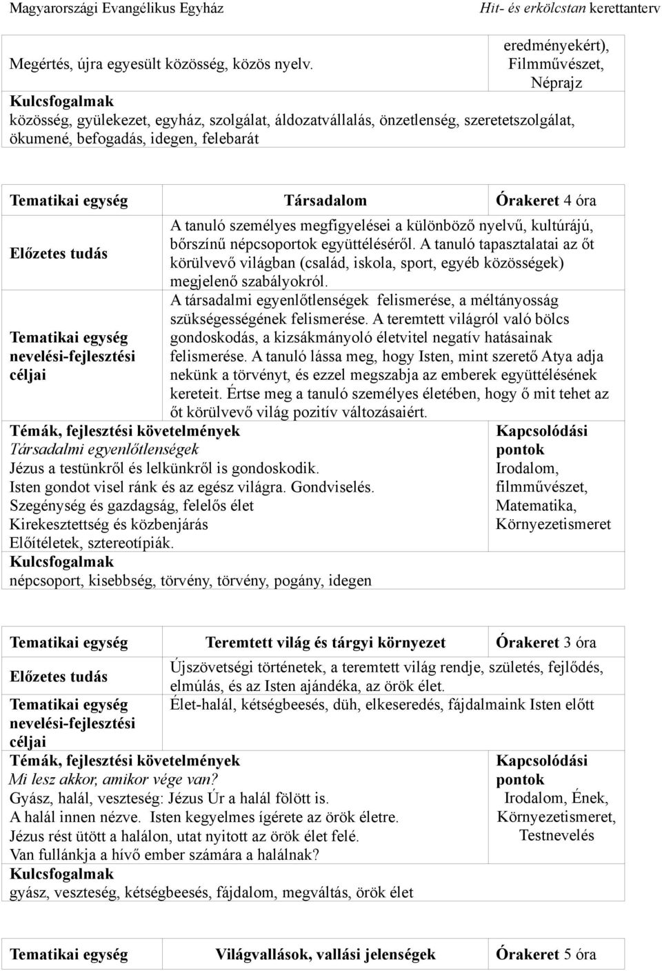 megfigyelései a különböző nyelvű, kultúrájú, bőrszínű népcsoportok együttéléséről. A tanuló tapasztalatai az őt körülvevő világban (család, iskola, sport, egyéb közösségek) megjelenő szabályokról.