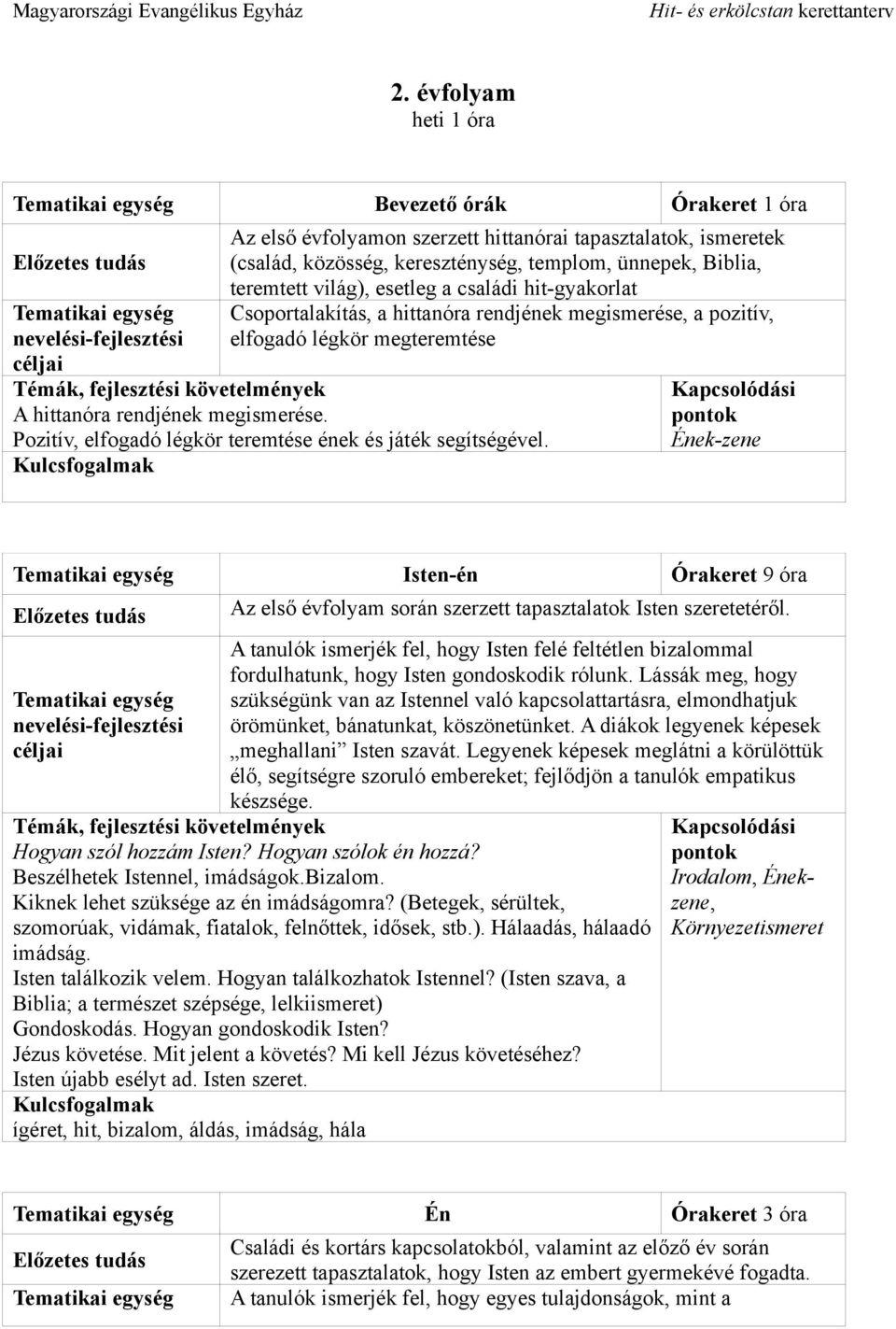 Pozitív, elfogadó légkör teremtése ének és játék segítségével. Ének-zene Isten-én Órakeret 9 óra Az első évfolyam során szerzett tapasztalatok Isten szeretetéről.