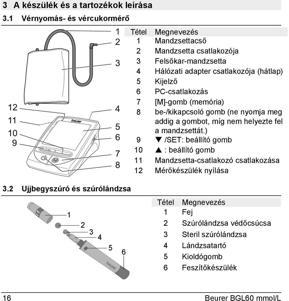 Kijelző 6 PC-csatlakozás 7 [M]-gomb (memória) 8 be-/kikapcsoló gomb (ne nyomja meg addig a gombot, míg nem helyezte fel a mandzsettát.