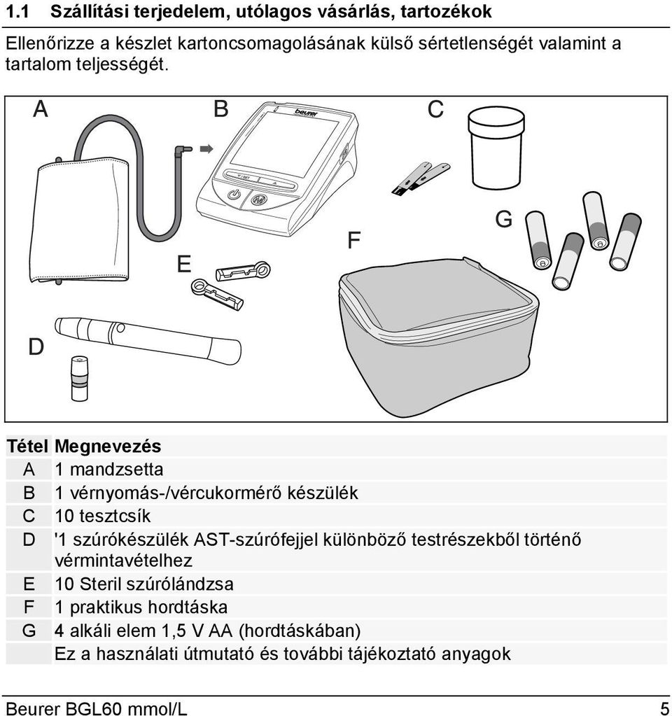 Tétel Megnevezés A 1 mandzsetta B 1 vérnyomás-/vércukormérő készülék C 10 tesztcsík D '1 szúrókészülék AST-szúrófejjel