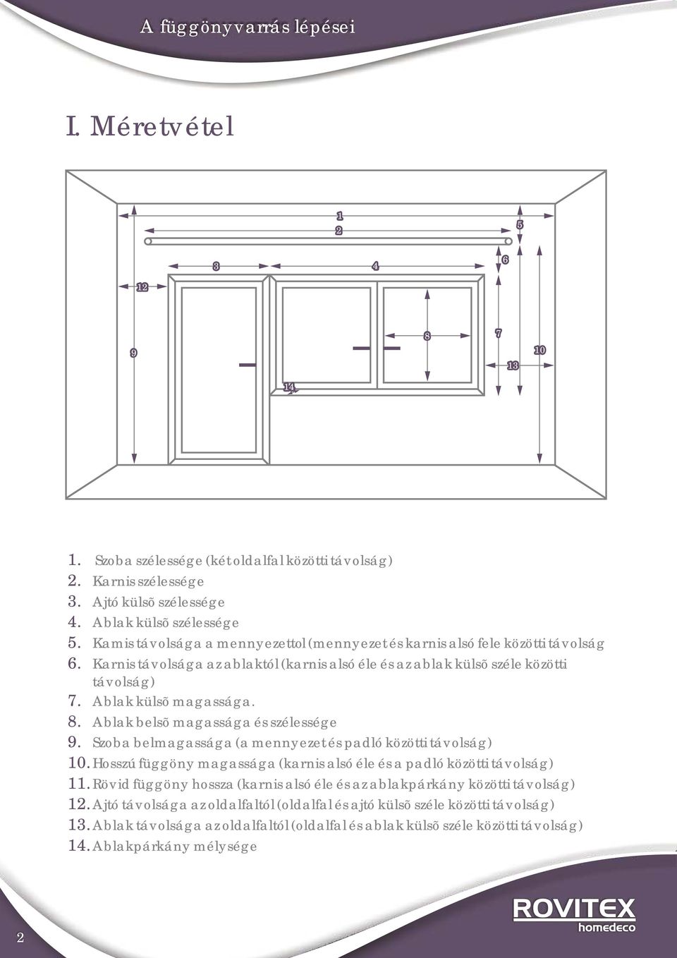 Szoba szélessége (két oldalfal közötti távolság) Karnis szélessége Ajtó külsõ szélessége Ablak külsõ szélessége Kamis távolsága a mennyezettol (mennyezet és karnis alsó fele közötti távolság Karnis