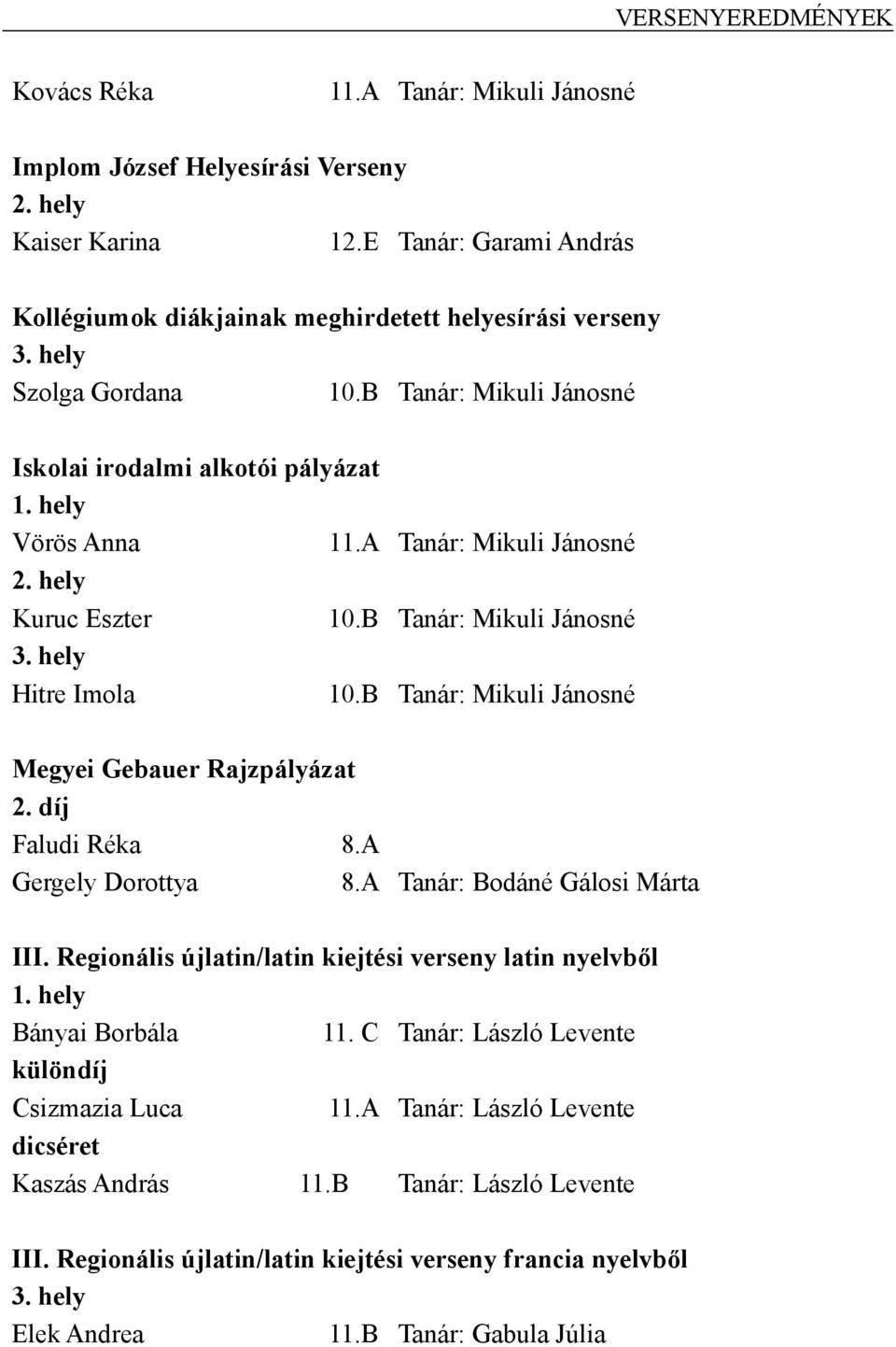 B Tanár: Mikuli Jánosné Megyei Gebauer Rajzpályázat 2. díj Faludi Réka 8.A Gergely Dorottya 8.A Tanár: Bodáné Gálosi Márta III.