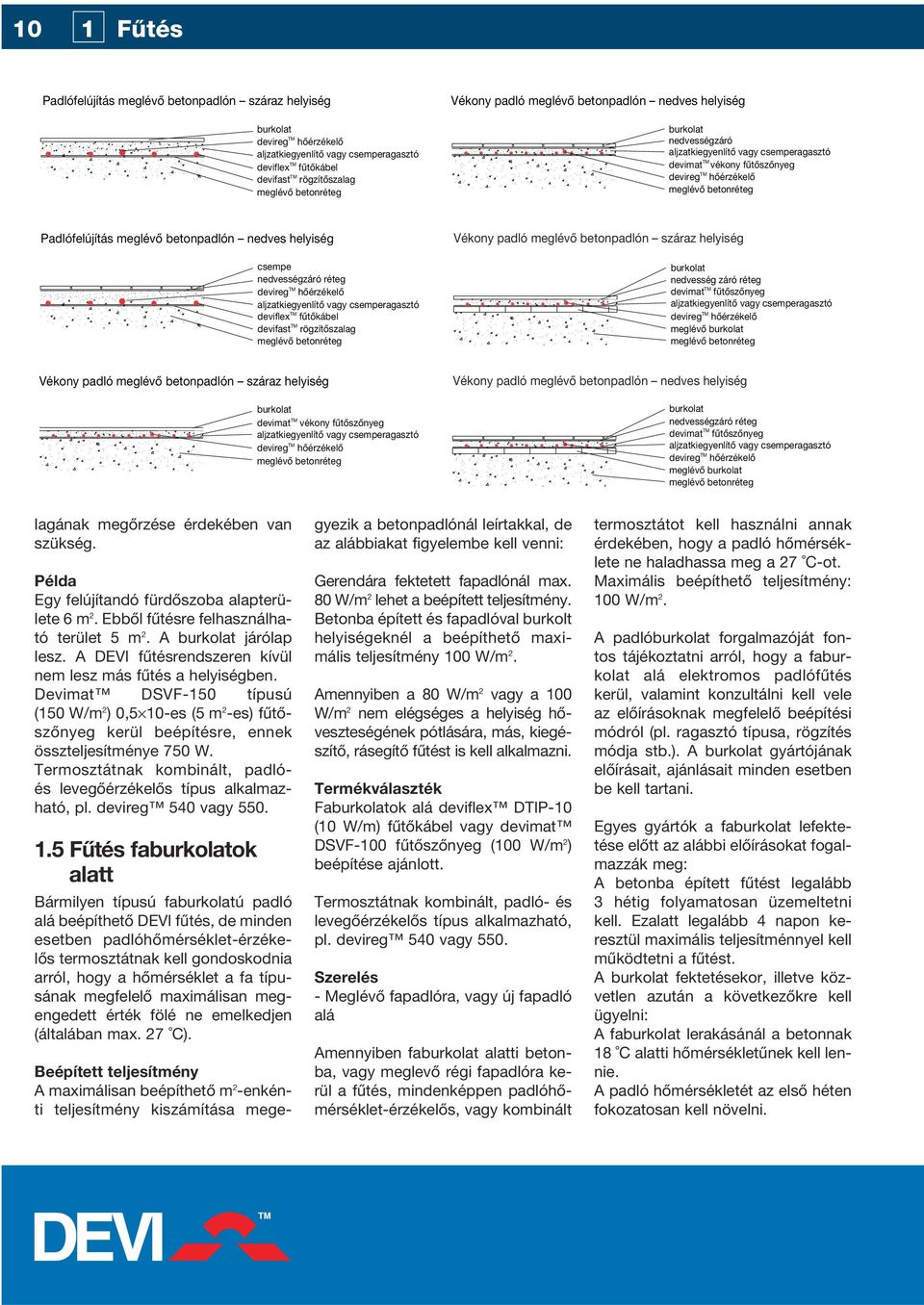 meglévô betonpadlón nedves helyiség csempe nedvességzáró réteg devireg TM hôérzékelô aljzatkiegyenlítô vagy csemperagasztó deviflex TM fûtôkábel devifast TM rögzítôszalag meglévô betonréteg Vékony