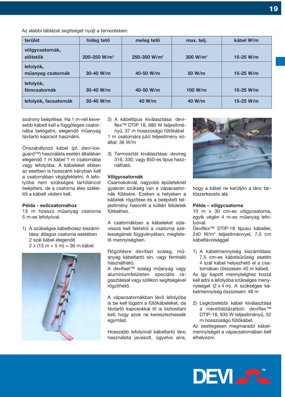 15-25 W/m lefolyók, facsatornák 30-40 W/m 40 W/m 40 W/m 15-25 W/m sodrony beépítése. Ha 1 m-nél kevesebb kábelt kell a függôleges csatornába belógatni, elegendô mûanyag távtartó kapcsot használni.
