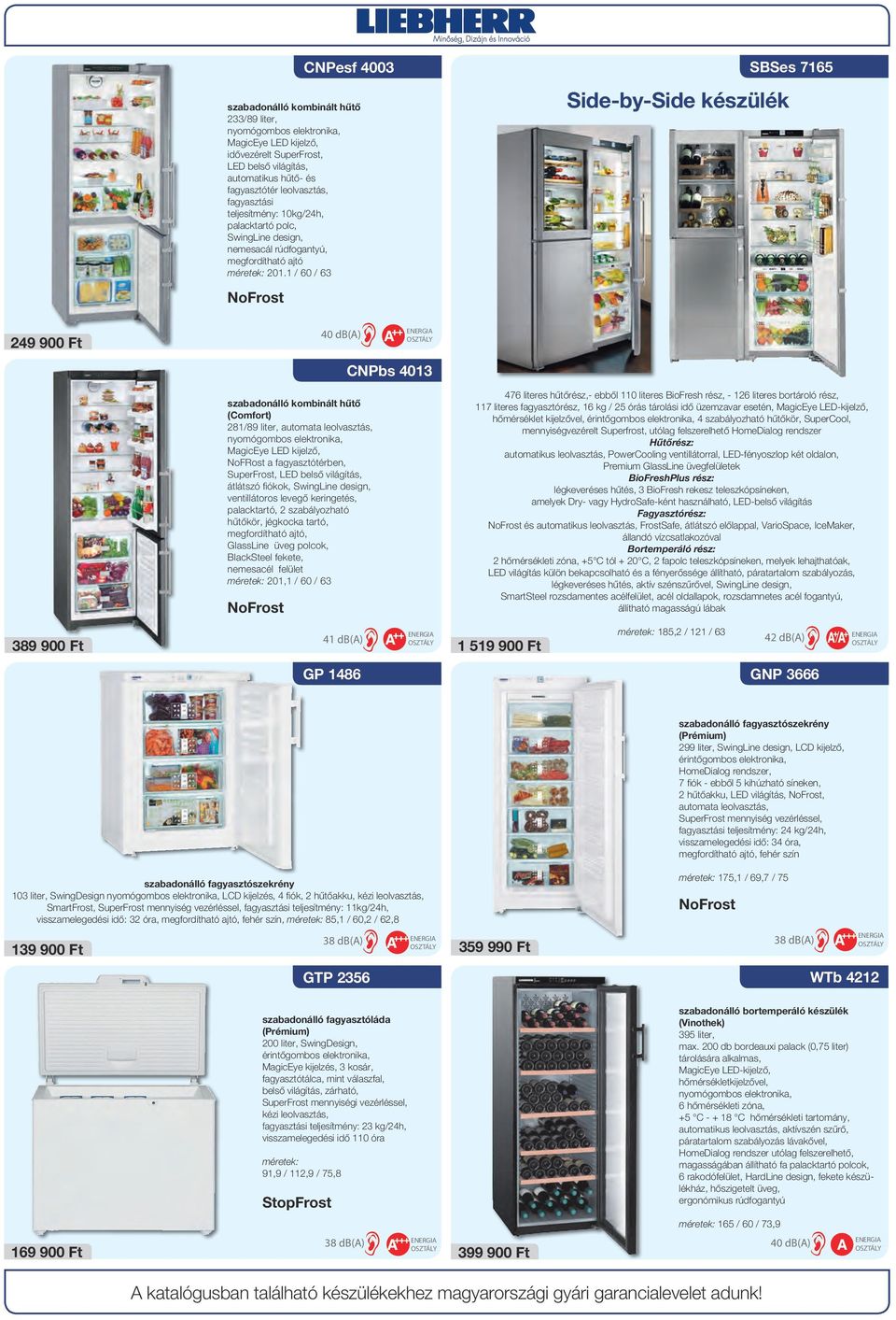 1 / 60 / 63 NoFrost SBSes 7165 Side-by-Side készülék 249 900 Ft 40 db(a) CNPbs 4013 szabadonálló kombinált hűtő (Comfort) 281/89, automata leolvasztás, nyomógombos elektronika, MagicEye LED kijelző,