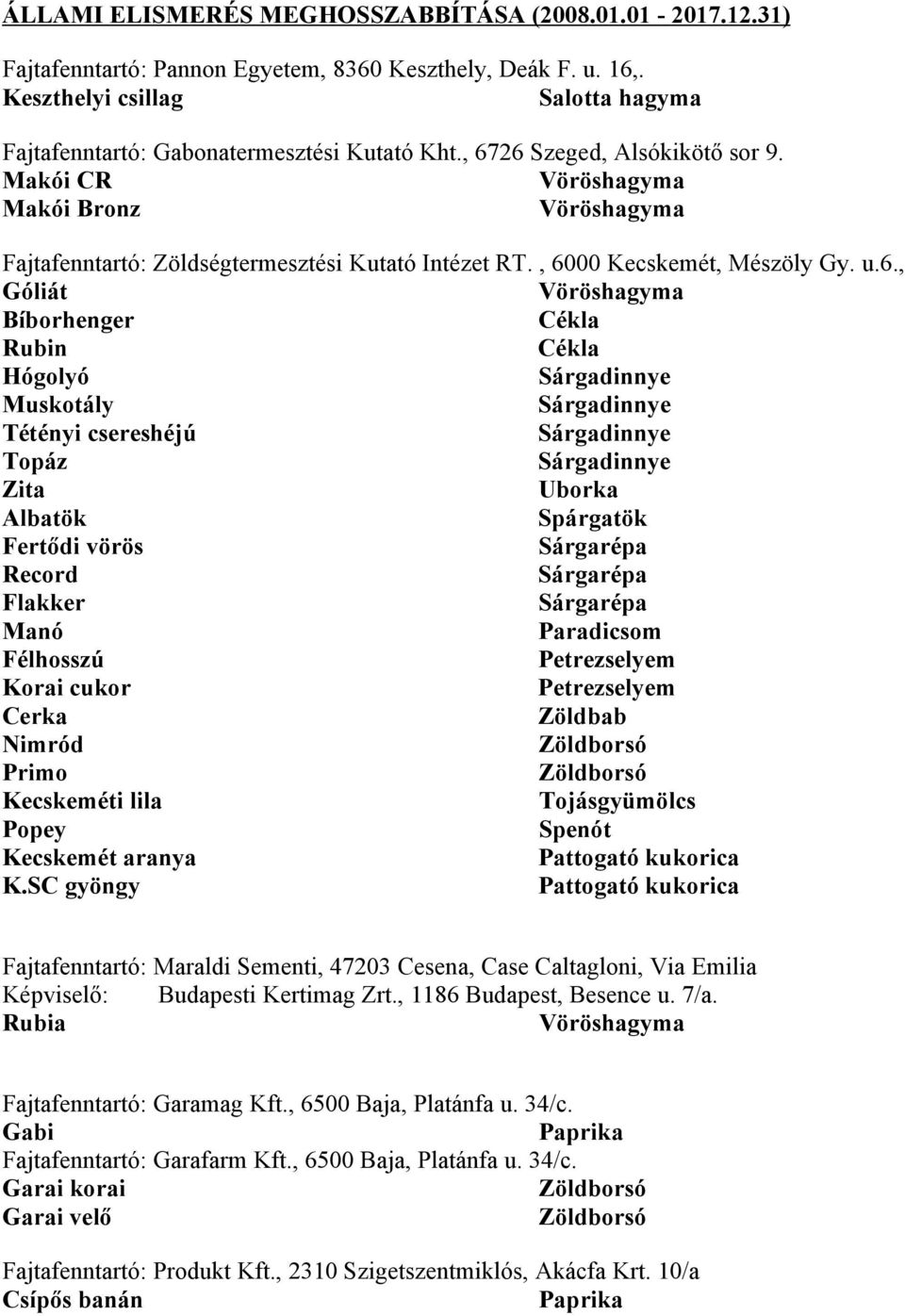 , 6000 Kecskemét, Mészöly Gy. u.6., Góliát Bíborhenger Cékla Rubin Cékla Hógolyó Muskotály Tétényi csereshéjú Topáz Zita Uborka Albatök Spárgatök Fertődi vörös Record Flakker Manó Paradicsom