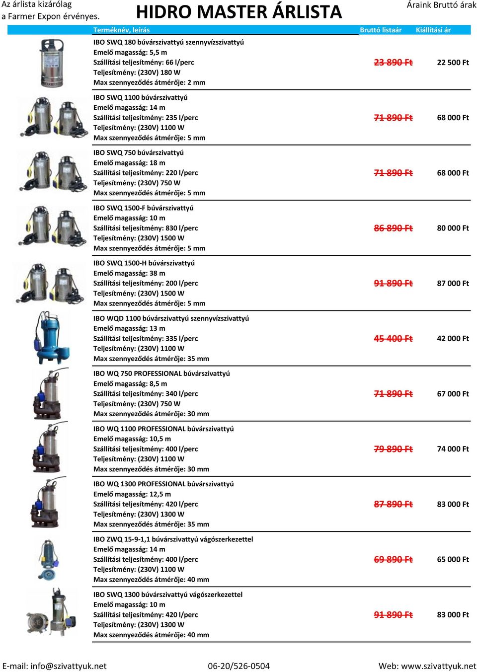 szennyeződés átmérője: 5 mm IBO SWQ 1500-F búvárszivattyú Emelő magasság: 10 m Szállítási teljesítmény: 830 l/perc Max szennyeződés átmérője: 5 mm IBO SWQ 1500-H búvárszivattyú Emelő magasság: 38 m