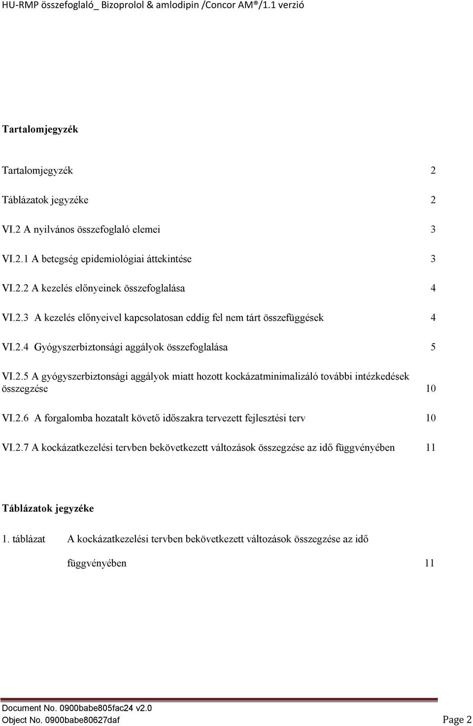 2.6 A forgalomba hozatalt követő időszakra tervezett fejlesztési terv 10 VI.2.7 A kockázatkezelési tervben bekövetkezett változások összegzése az idő függvényében 11 Táblázatok jegyzéke 1.