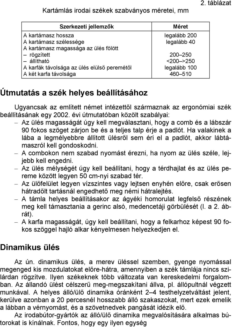 Méret legalább 200 legalább 40 200 250 <200 >250 legalább 100 460 510 Útmutatás a szék helyes beállításához Ugyancsak az említett német intézettől származnak az ergonómiai szék beállításának egy 2002.