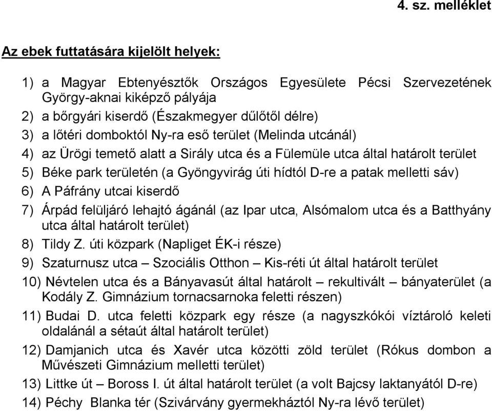 lőtéri domboktól Ny-ra eső terület (Melinda utcánál) 4) az Ürögi temető alatt a Sirály utca és a Fülemüle utca által határolt terület 5) Béke park területén (a Gyöngyvirág úti hídtól D-re a patak